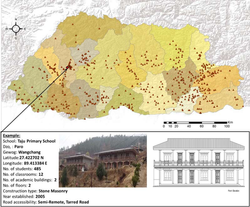 Location, construction type, and other exposure data were gathered for 550 schools in Bhutan as part of a project to create earthquake-resistant decks for schools in the country. (Source: AIR).